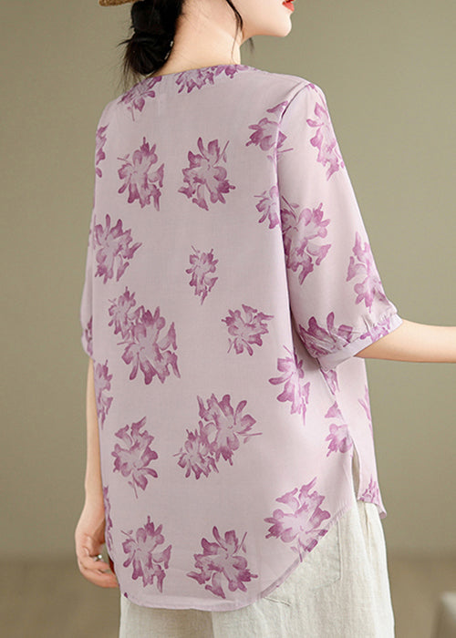 Loose Purple O-neck Print Cotton Shirts Half Sleeve