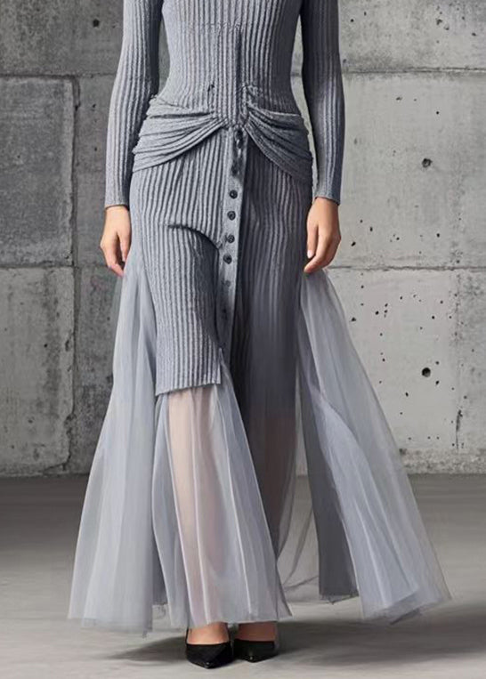 Diy Grey High Neck Patchwork Tulle Sweater Dress Winter