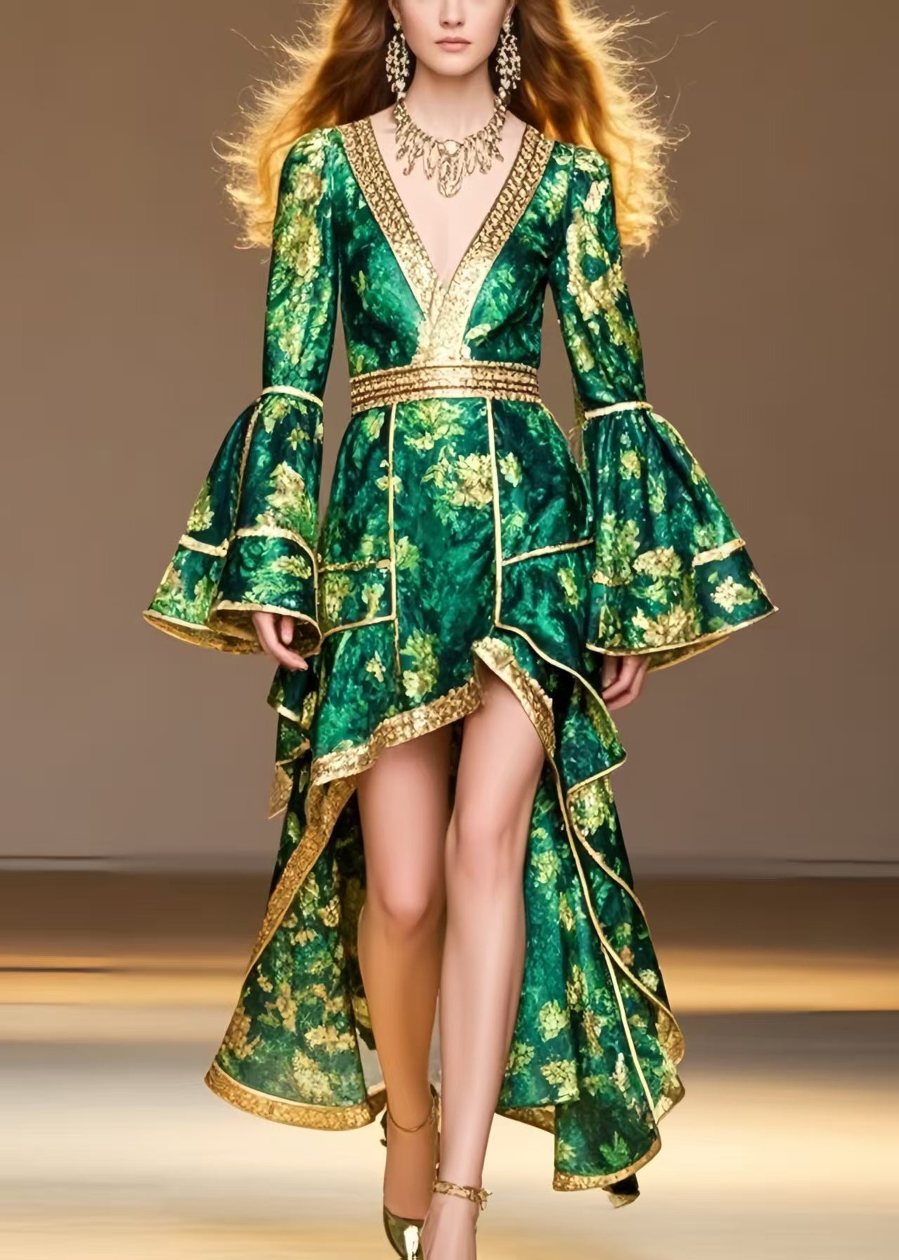 Style Tea Green Print Low High Design Spandex Party Dress Flare Sleeve
