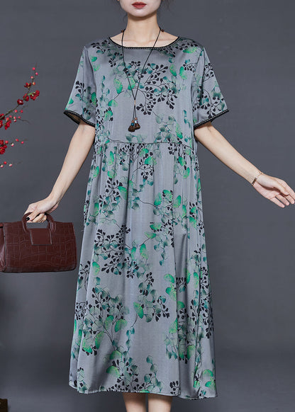 Grey Oversized Print Silk Long Dress Summer
