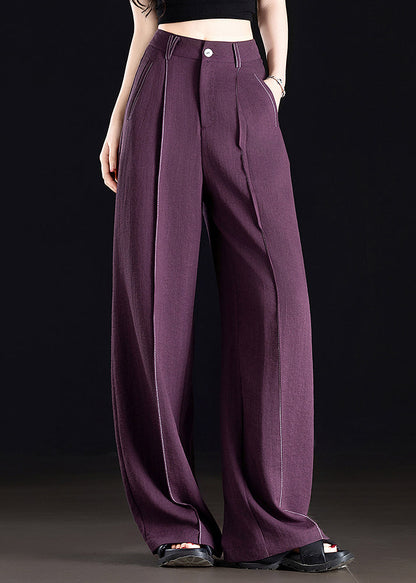 Classy Purple Pockets Patchwork Linen Straight Pants Spring