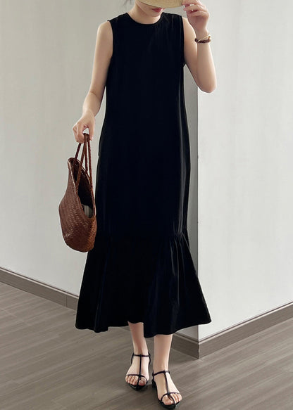 Black Wrinkled Cotton Long Dress O Neck Sleeveless