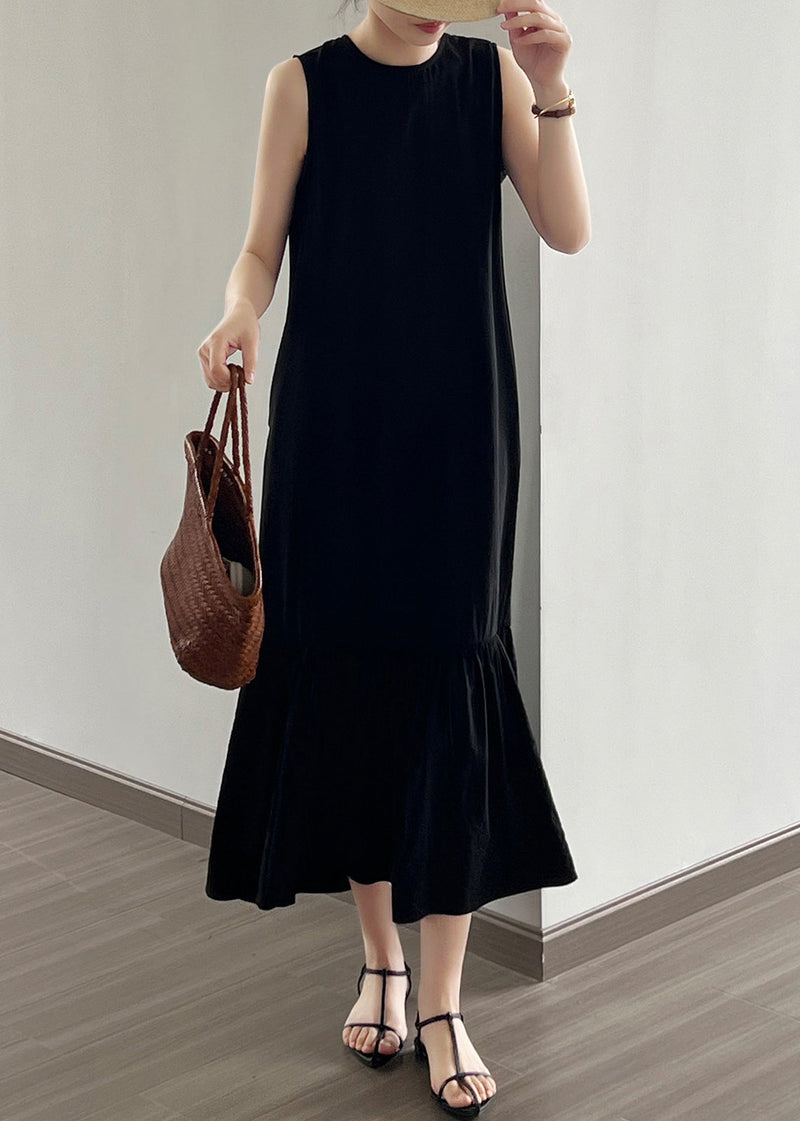 Black Wrinkled Cotton Long Dress O Neck Sleeveless