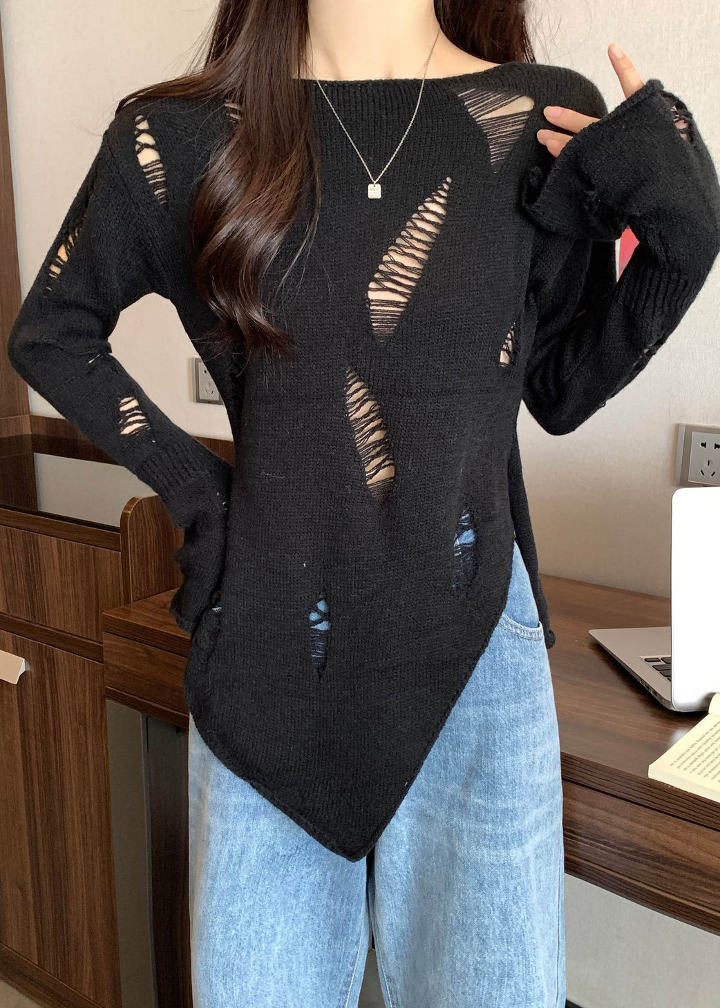Black Hollow Out Thin Knit Sweater Spring