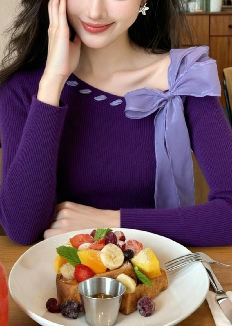 Stylish Purple Bow Knit Sweater Winter