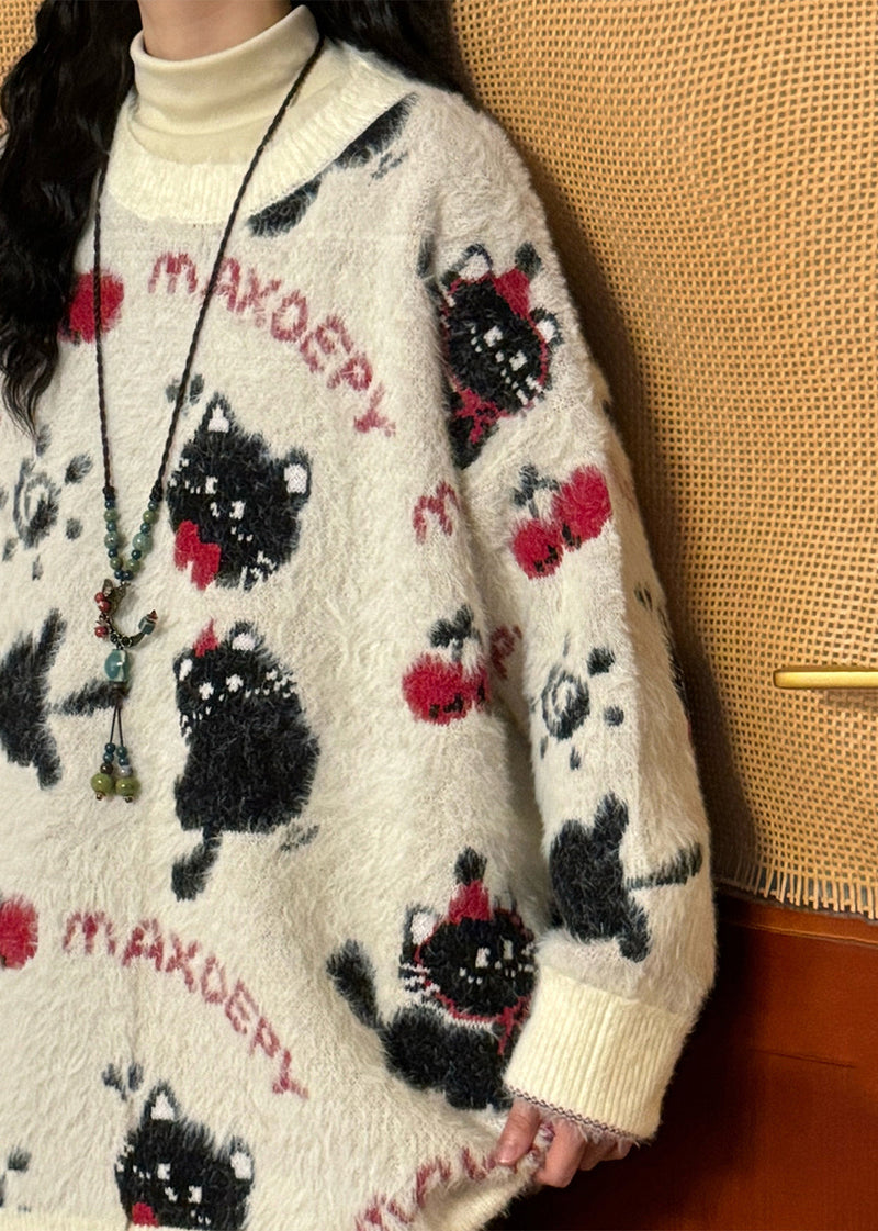 Loose Apricot Jacquard Kitten Cherry Knit Sweater Winter