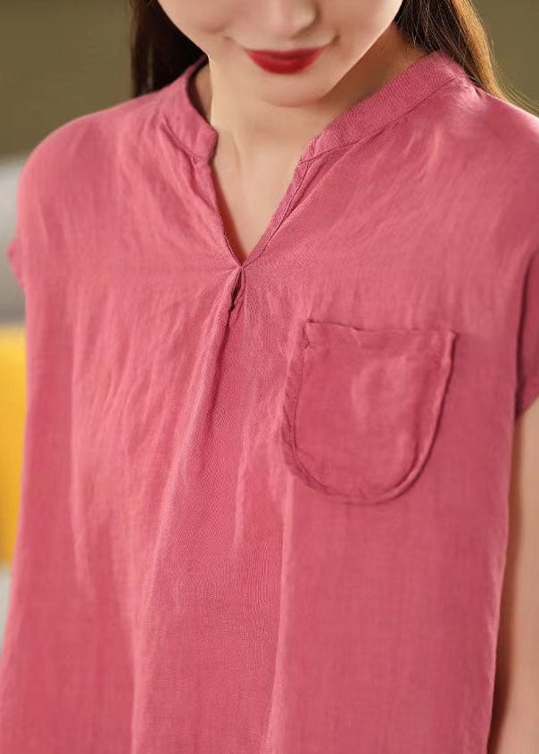 Rose V Neck Pocket Linen Tops Summer