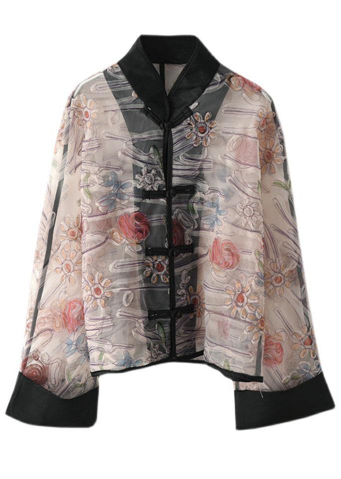 Light Purple Print Tulle Organza Patchwork Oriental Coat Summer