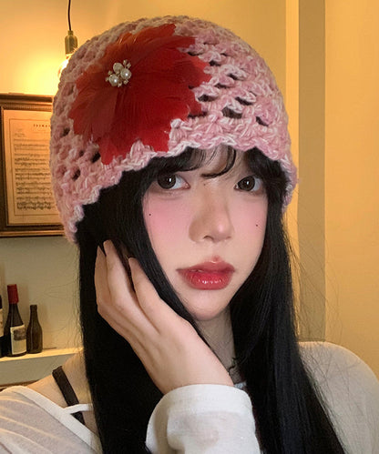 Handmade Pink Feather Hollow Out Knit Boonie Hat