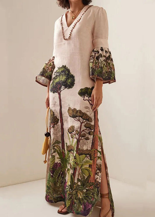 V Neck Print Side Open Cotton Long Dresses Summer