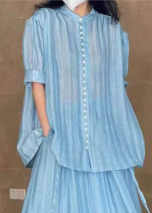 Loose Blue Button Blouses and Skirts Two Pieces Set Summer
