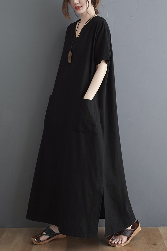 New Loose Short Sleeve Dress Retro Cotton Linen Robe