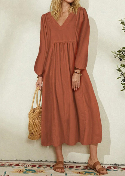 Orange Cotton Linen Loose Balloon Sleeve Dress