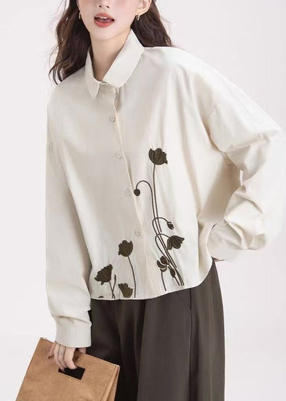 Organic Apricot Embroidered Cotton Shirt Tops Spring
