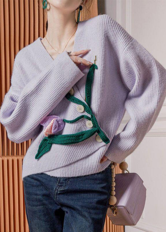 Purple Asymmetrical Button Knit Cardigan Winter