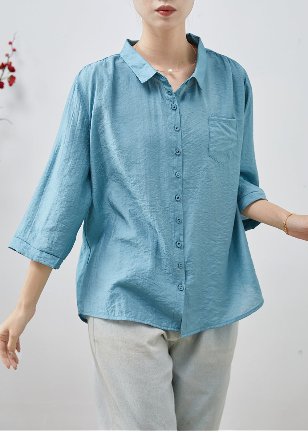 Blue Oversized Cotton Tops Bracelet Sleeve