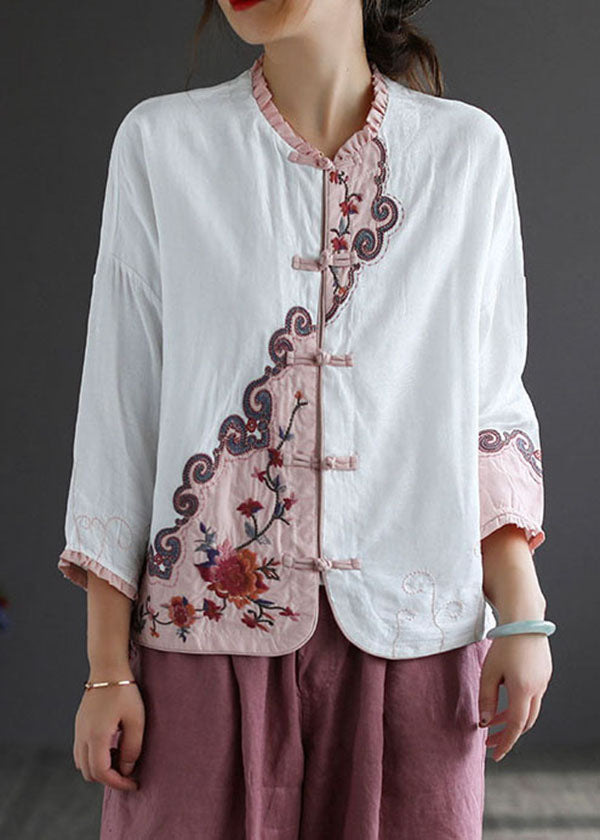 White Ruffled Embroidered Patchwork Cotton Tops Spring