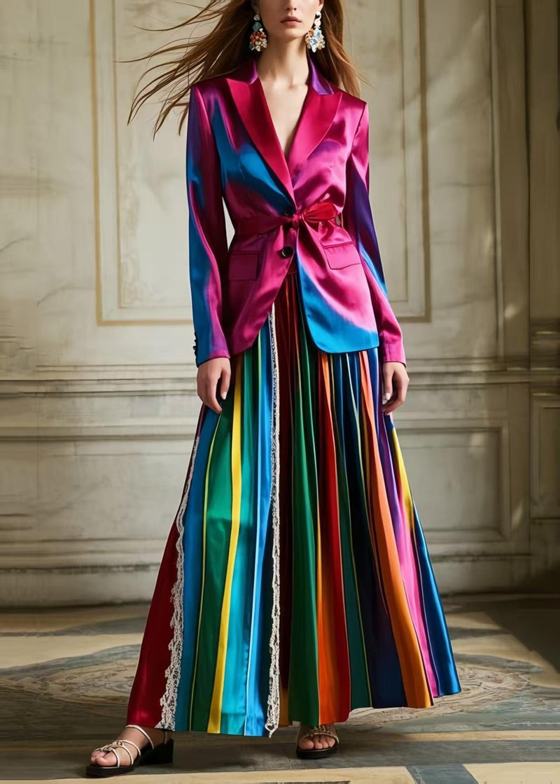 Polychrome Striped Patchwork Lace Silk Pleated Skirt Spring