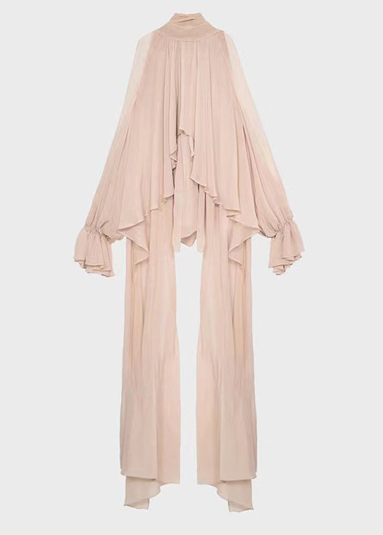 Pink Lace Up Chiffon Fall Shirt Asymmetrical