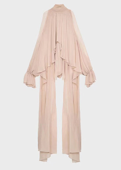 Pink Lace Up Chiffon Fall Shirt Asymmetrical