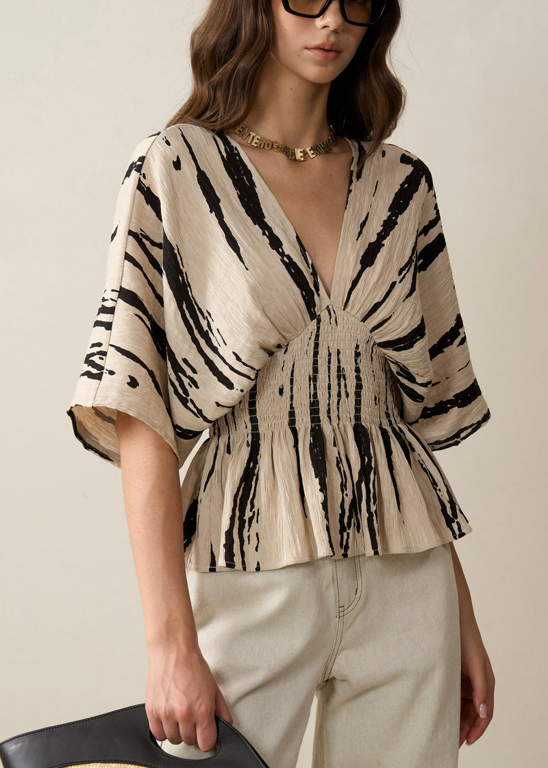 Art Khaki V Neck Print Cotton Shirt Half Sleeve