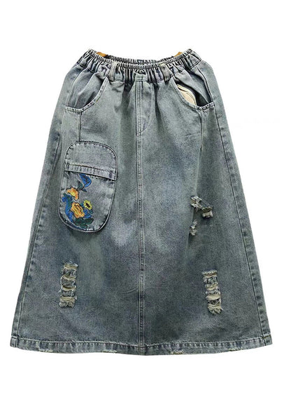 Light Blue Embroidered Patchwork Cotton Long Skirt Summer