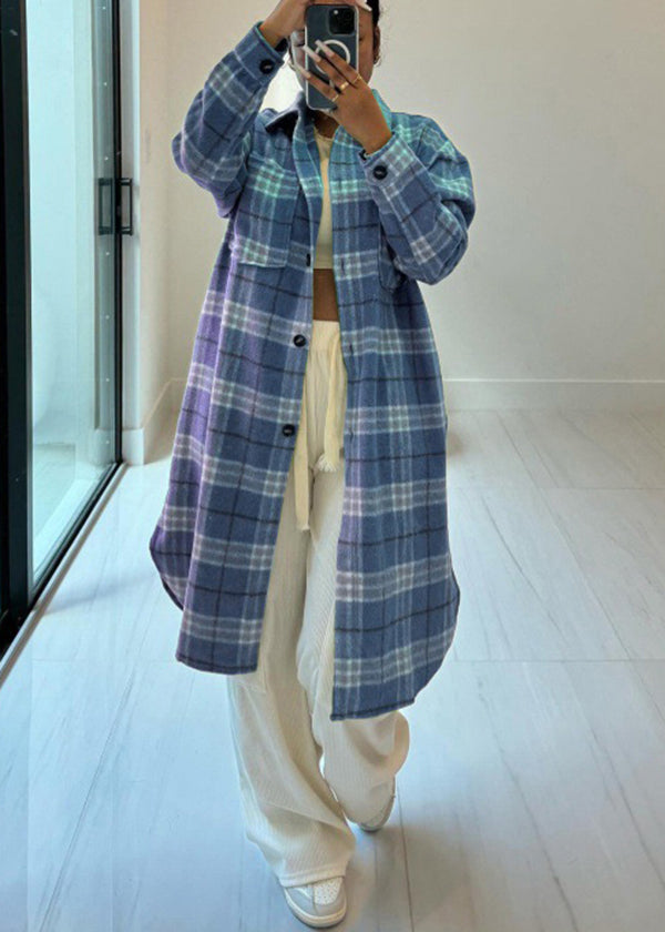 Purple Pockets Plaid Woolen Shirts Coat Fall