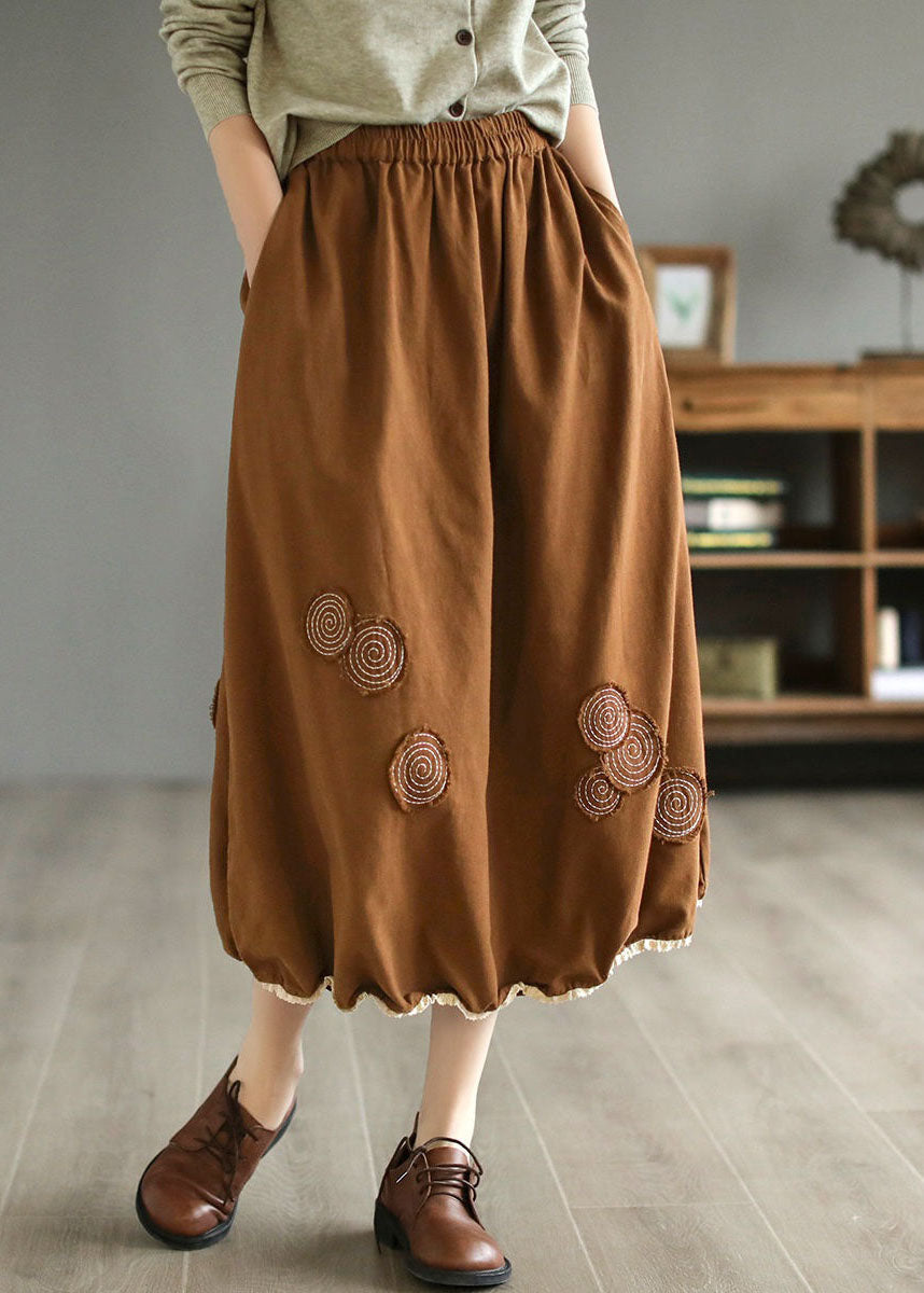Coffee Pockets Patchwork Cotton Skirts Wrinkled Embroidered Spring