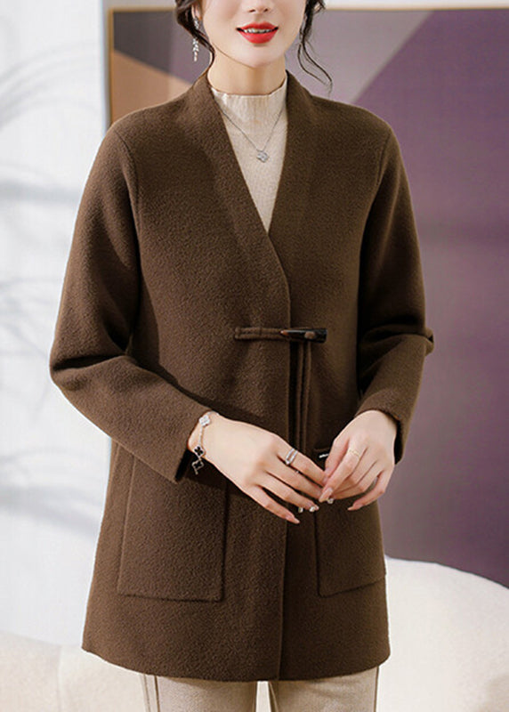 Coffee V Neck Pockets Woolen Coats Spring