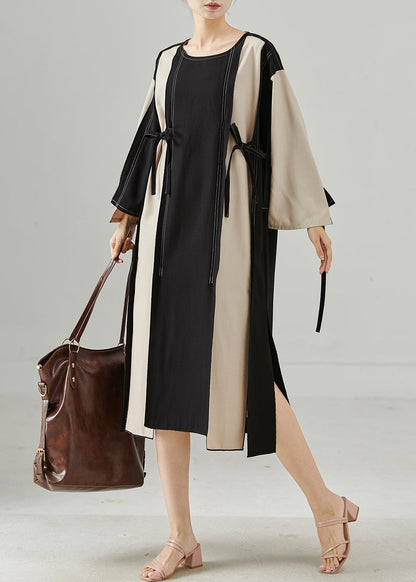 Stylish Colorblock Oversized Patchwork Lace Up Cotton Dress Fall