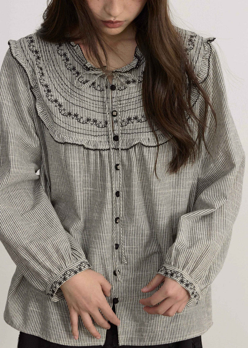 Art Striped Embroidered Lace Up Cotton Blouses Spring