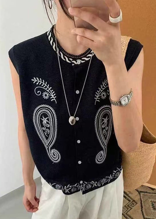 Black Embroideried Knit Vest Tops Sleeveless