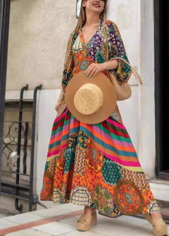 V Neck Print Wrinkled Cotton Long Dress Spring