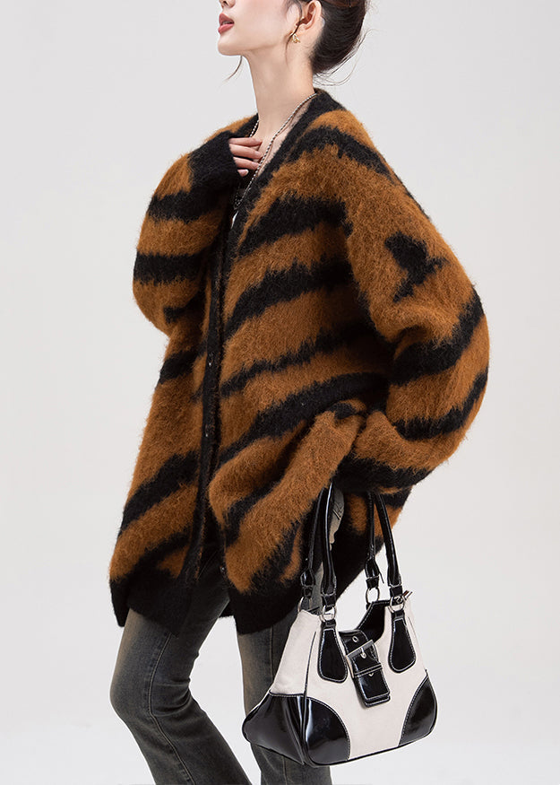 Coffee V Neck Striped Button Knit Cardigans Fall