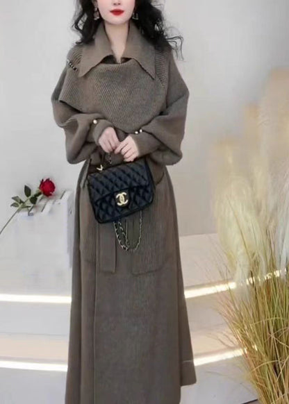 Grey Peter Pan Collar Pockets Tie Waist Knit Long Coats Winter