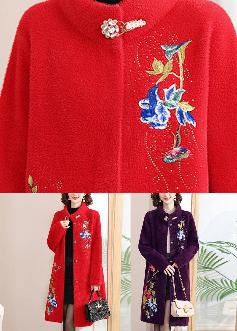 Loose Red Stand Collar Long Woolen Coats Spring