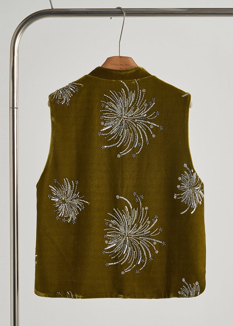 Green Sequins Embroidered Silk Velvet Vest Fall