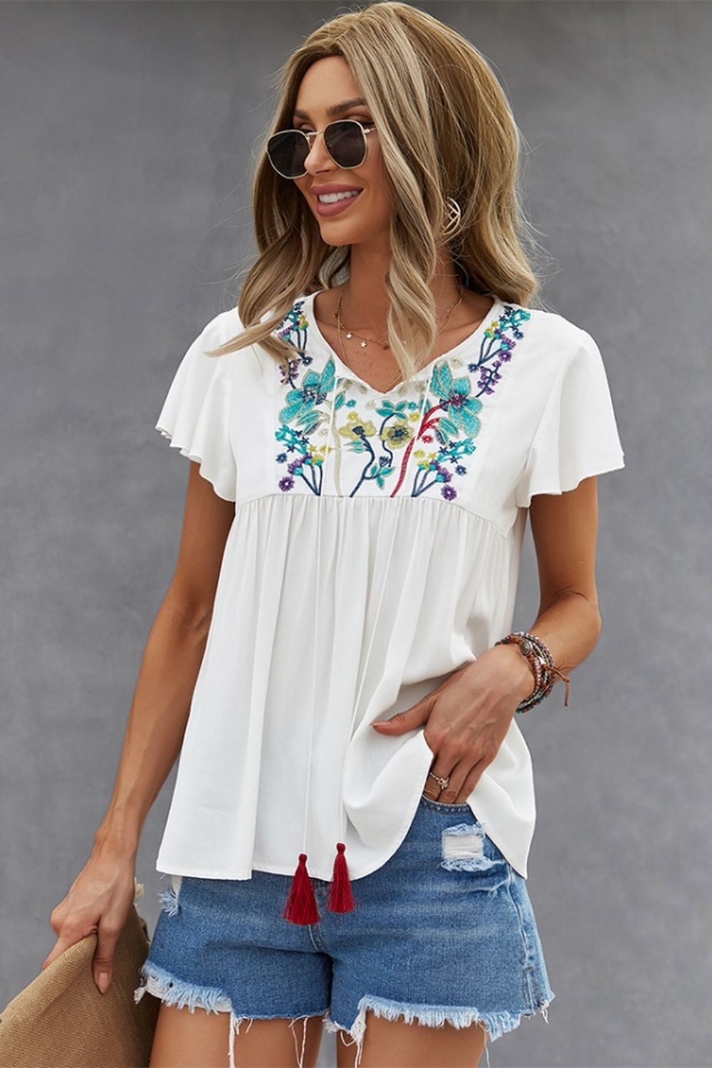 Embroidered Cotton-linen T-shirt