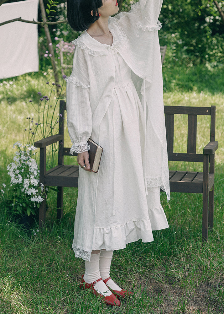 White Ruffled Lace Patchwork Cotton Long Cardigan Fall
