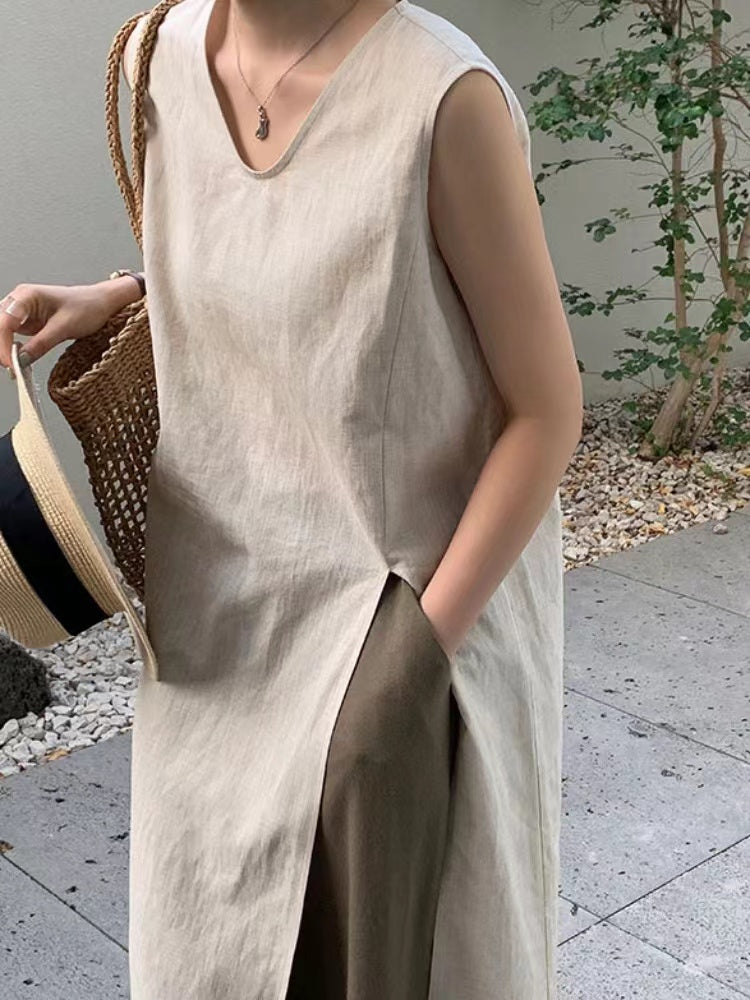 Linen Slit Sleeveless Simple Dress