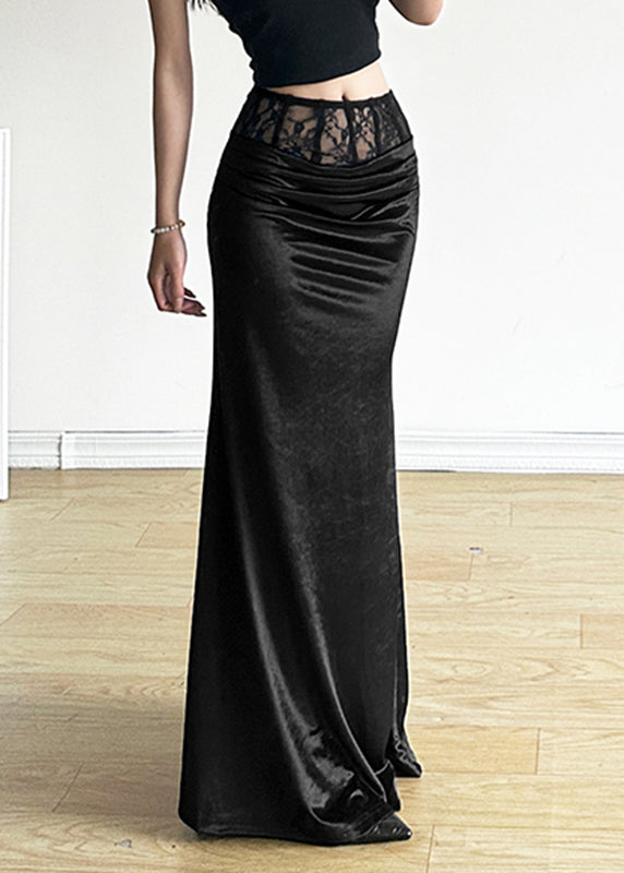 Black Silm Fit Silk Velvet Wraped Skirt Spring