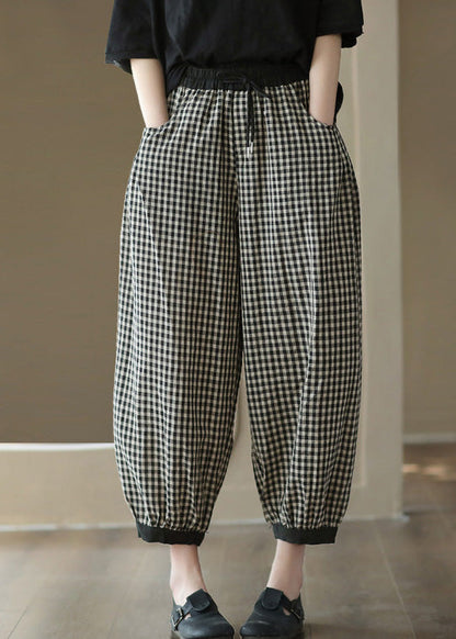 Black Plaid Elastic Waist Harem Pants Summer