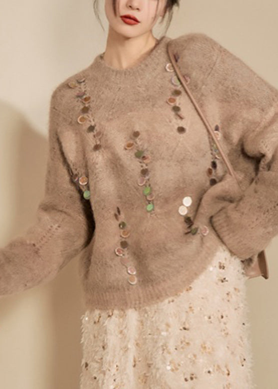 Camel O-neck Sequins Thick Cotton Knit Sweater Winter
