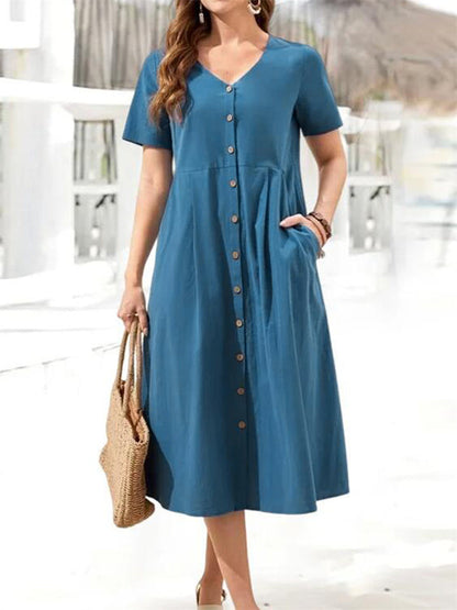 Loose Cotton Linen V-neck Single-row Multi-button Short-sleeved Large Yards Wind Dress