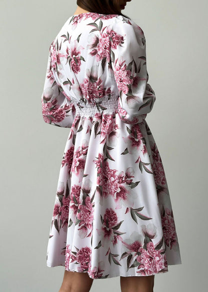 French V Neck Print Wrinkled Chiffon Mid Dresses Spring