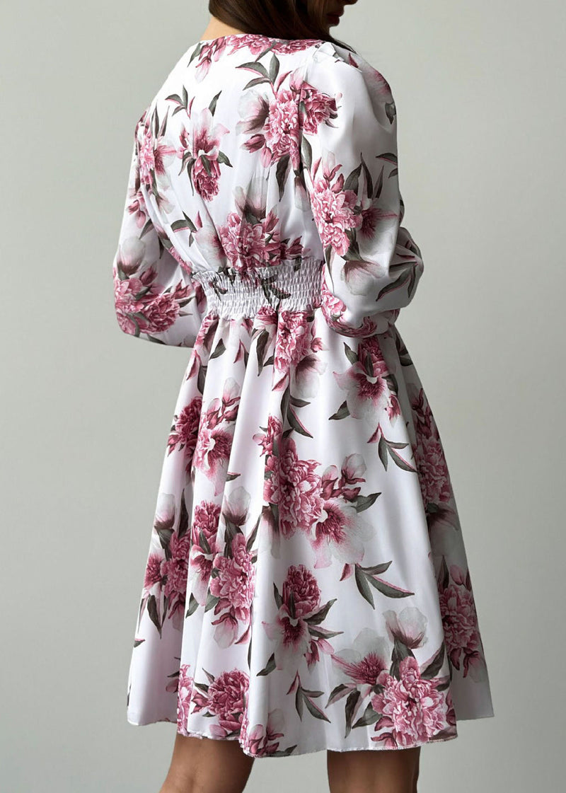 French V Neck Print Wrinkled Chiffon Mid Dresses Spring
