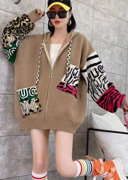 White Zippered Hooded Graphic Knit Coat Spring