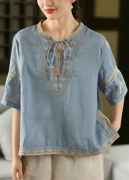 Stylish Blue Embroidered Side Open Linen Top Half Sleeve