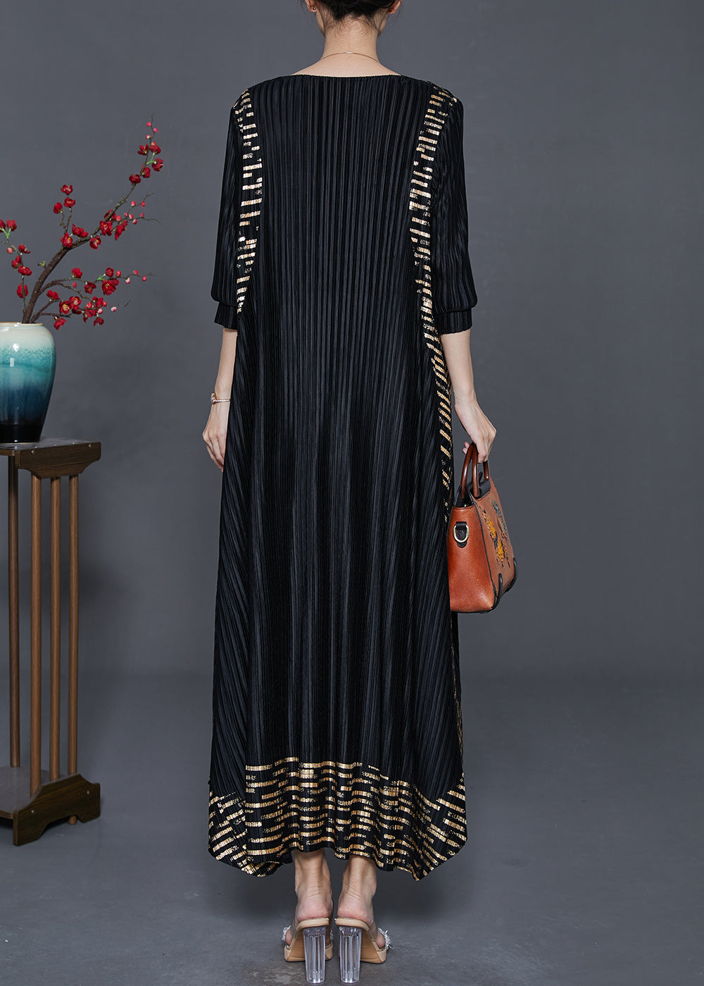 Black Oversized Print Wrinkled Silk Holiday Dresses Spring