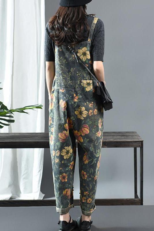 Limited Stock- Flower Print Denim Cotton Jumpsuit Dungarees